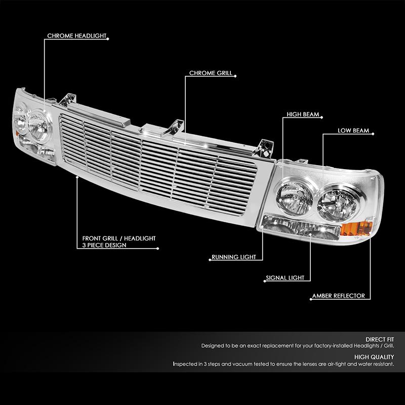 99-02 Chevy Silverado 1500 2500 LD Chrome Housing DRL Headlights+Chrome Front Grille