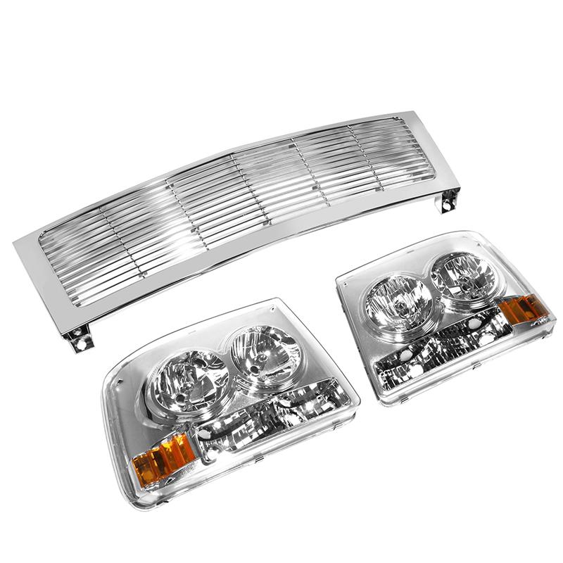 99-02 Chevy Silverado 1500 2500 LD Chrome Housing DRL Headlights+Chrome Front Grille