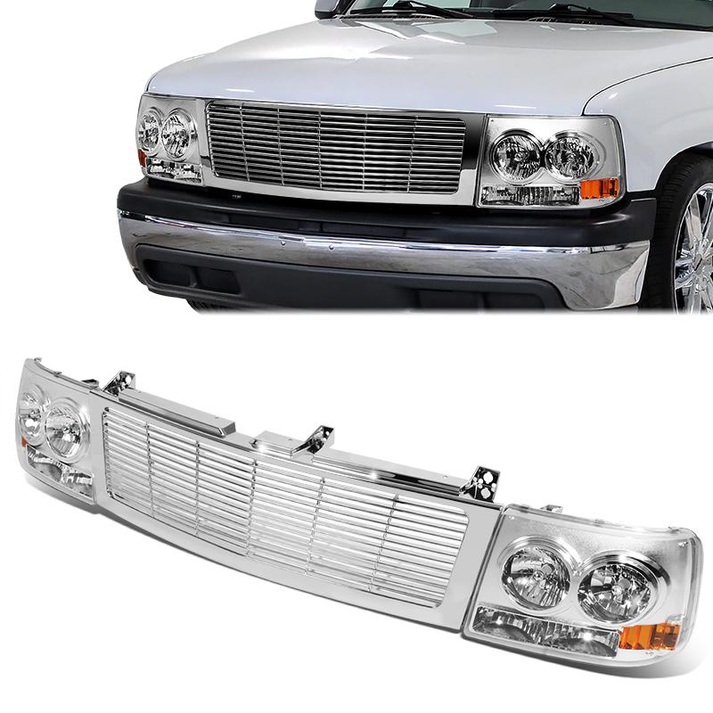 99-02 Chevy Silverado 1500 2500 LD Chrome Housing DRL Headlights+Chrome Front Grille