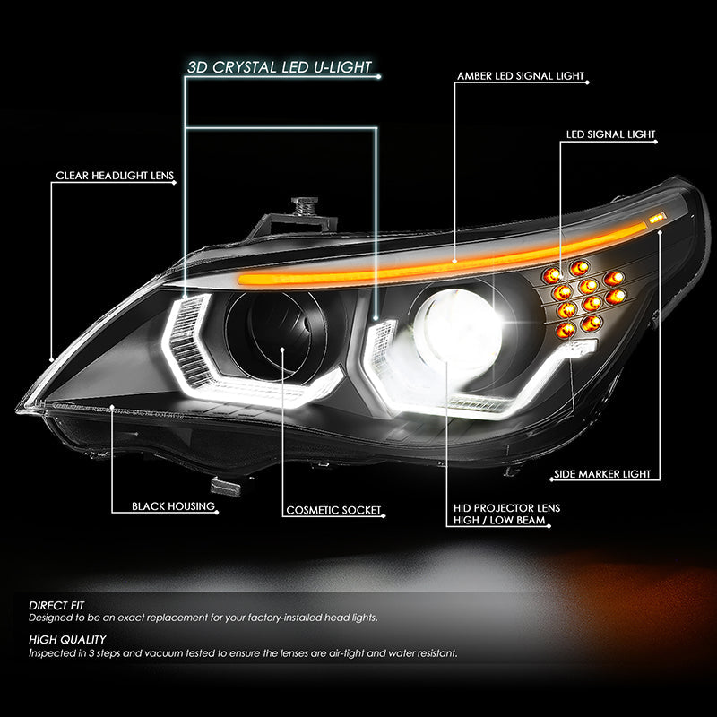 LED DRL Halo Switchback Projector Headlights<br>08-10 BMW 528i 535i 550i M5