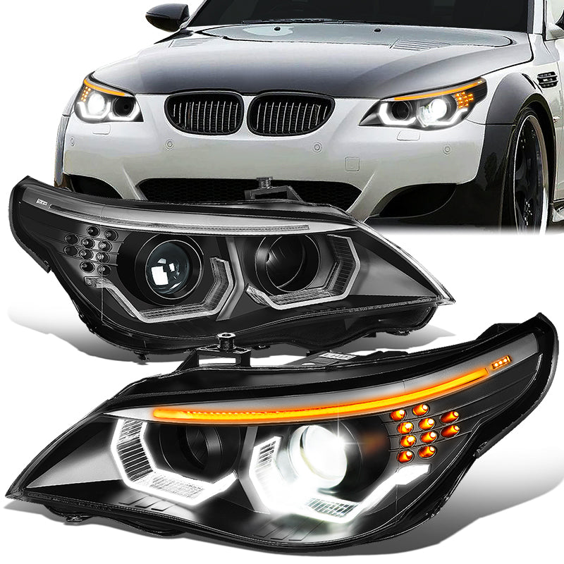 LED DRL Halo Switchback Projector Headlights<br>08-10 BMW 528i 535i 550i M5