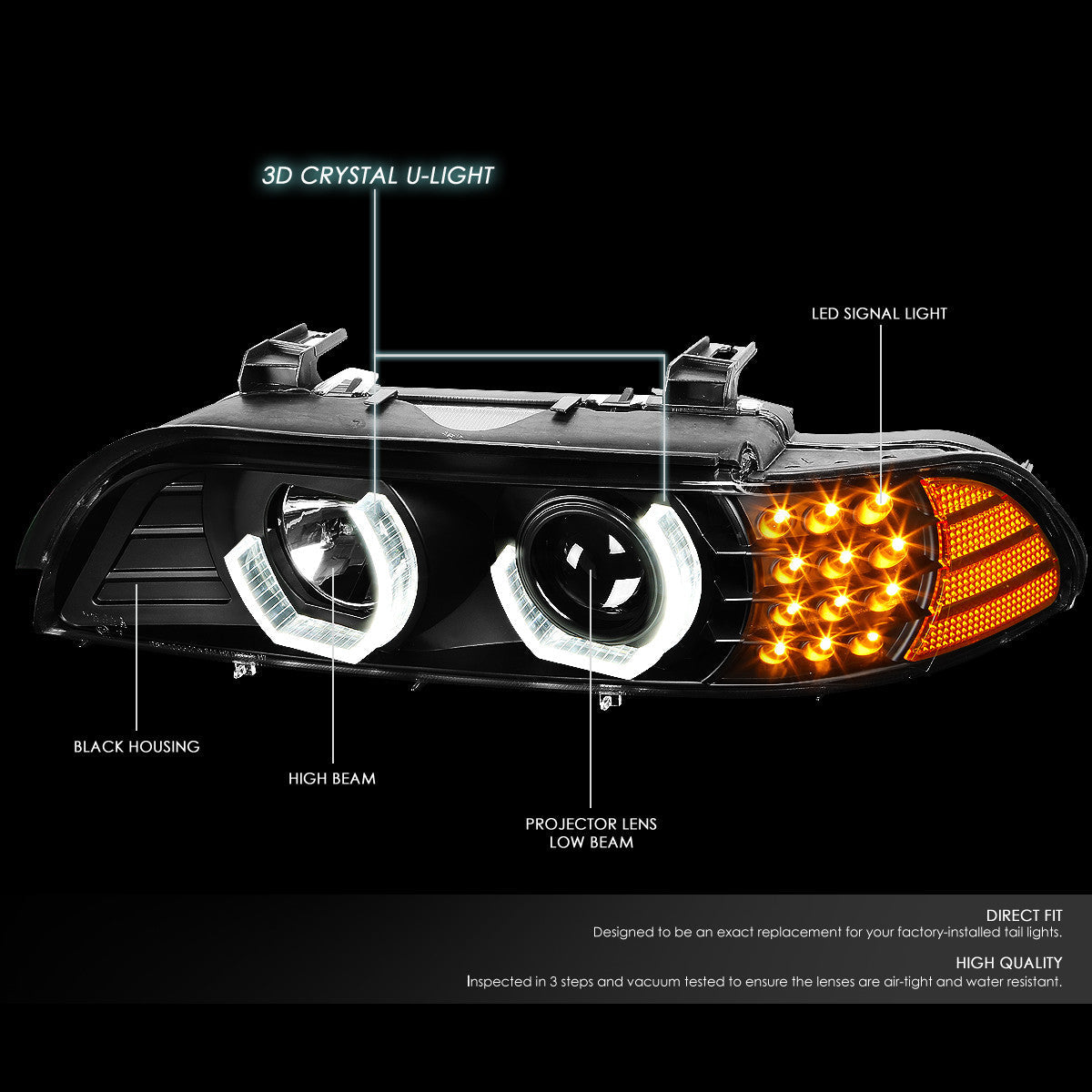 LED DRL U-Halo Projector Headlights<br>01-03 BMW 525i 530i M5