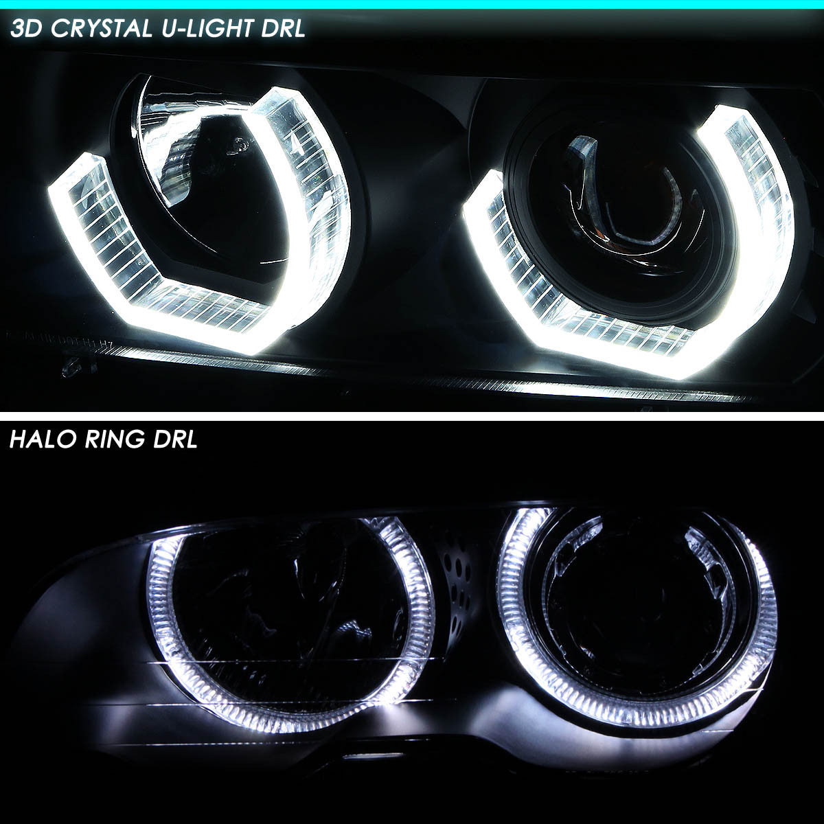 LED DRL U-Halo Projector Headlights<br>01-03 BMW 525i 530i M5