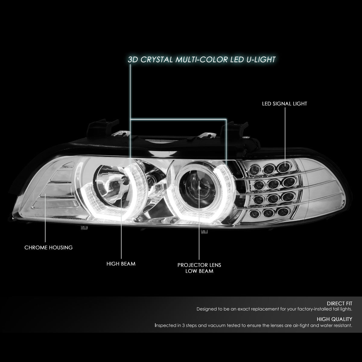 LED DRL U-Halo Projector Headlights<br>01-03 BMW 525i 530i M5