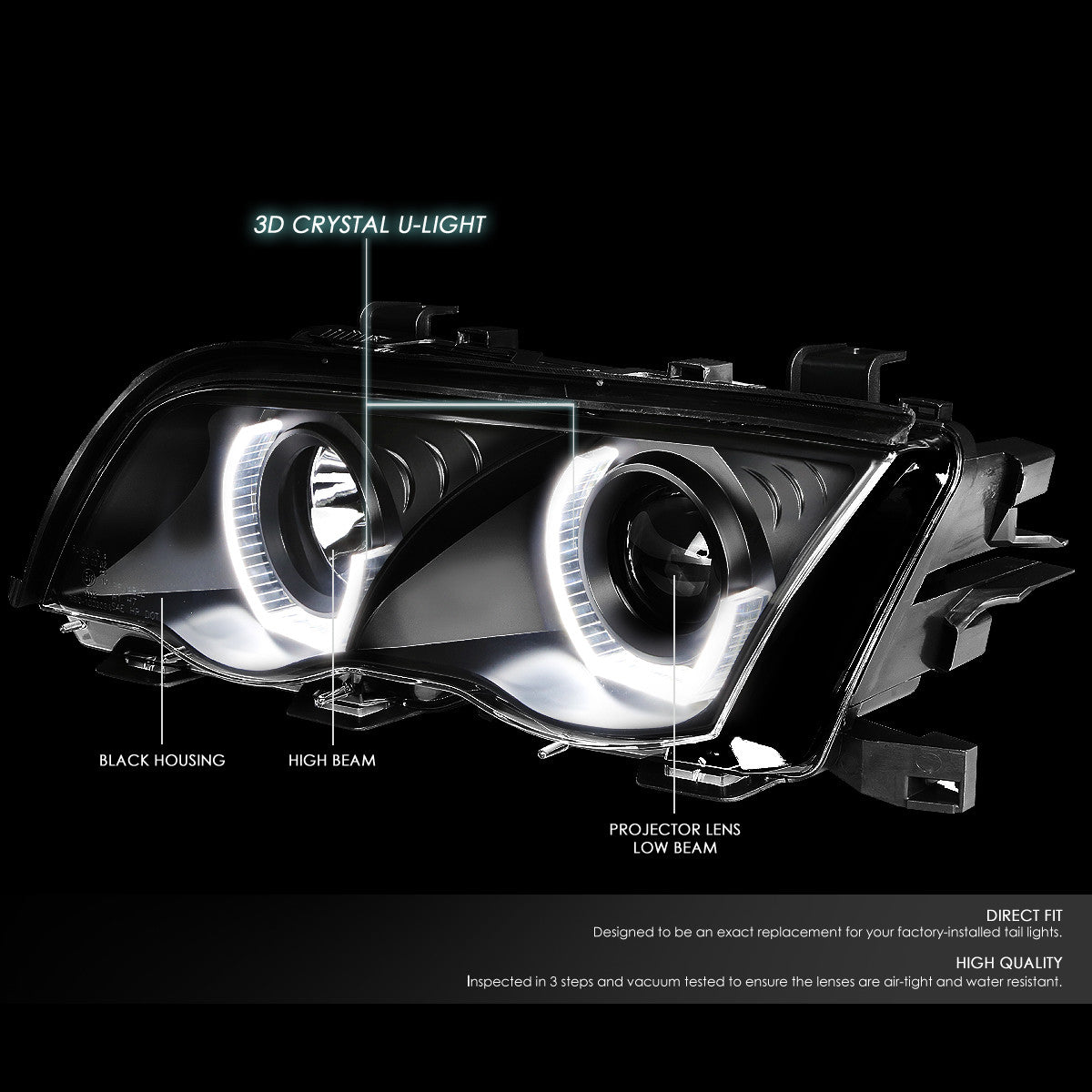 LED DRL U-Halo Projector Headlights<br>2001 BMW 320i 325i/Xi 330i/Xi, 99-00 323i 328i