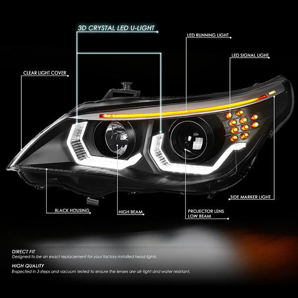 LED DRL U-Halo Projector Headlights<br>04-07 BMW 525i 530i, 06-07 525Xi 530Xi 550i