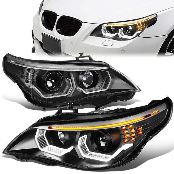 LED DRL U-Halo Projector Headlights<br>04-07 BMW 525i 530i, 06-07 525Xi 530Xi 550i