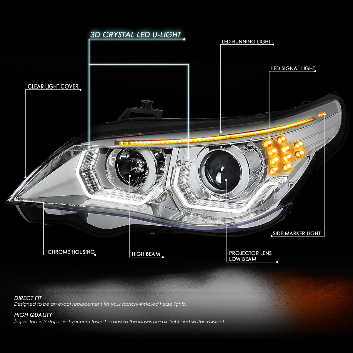 LED DRL U-Halo Projector Headlights<br>04-07 BMW 525i 530i, 06-07 525Xi 530Xi 550i