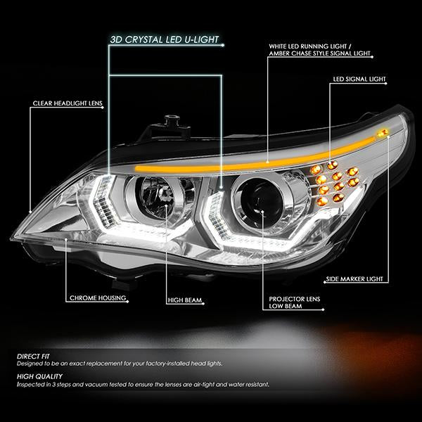 LED DRL U-Halo Projector Headlights<br>04-07 BMW 525i 530i, 06-07 525Xi 530Xi 550i