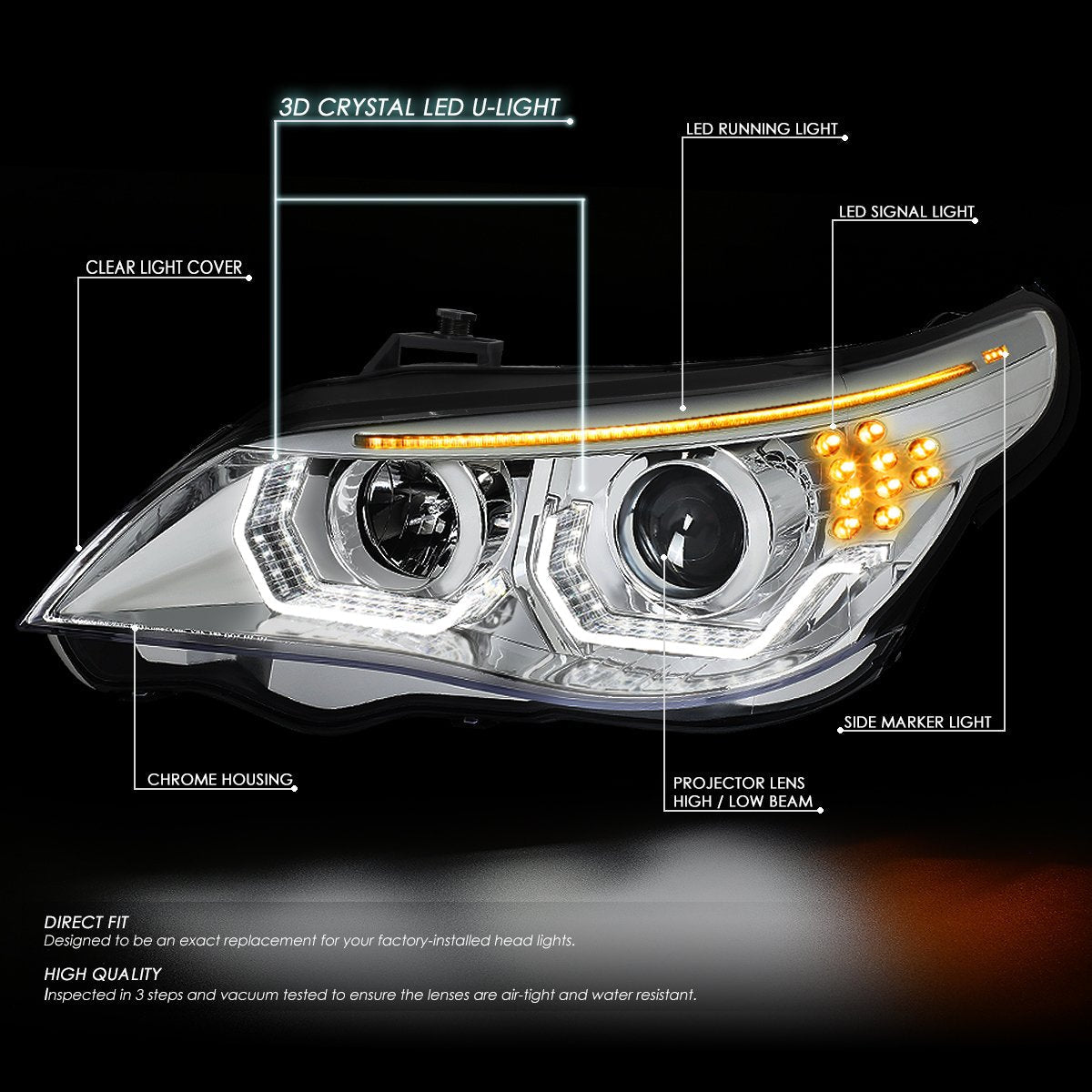 LED DRL U-Halo Projector Headlights<br>08-10 BMW 528i 535i 550i M5, 2008 528Xi 535Xi