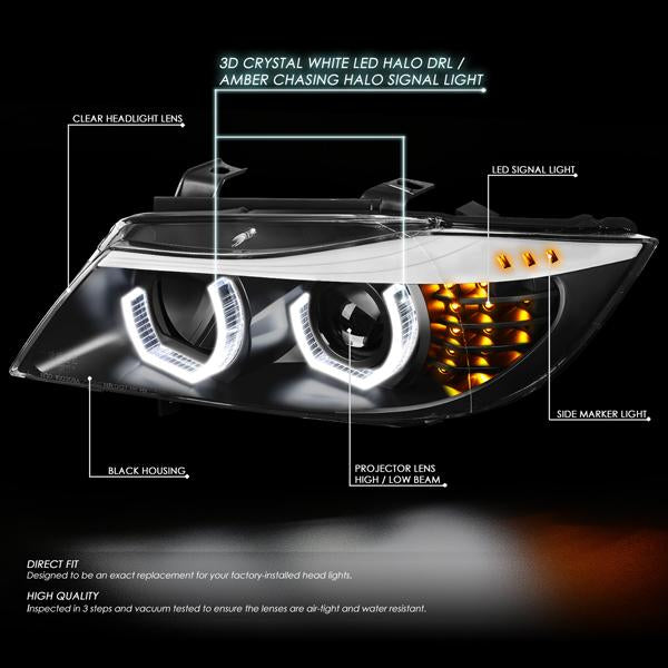 LED DRL U-Halo Sequential Switchback Projector Headlights<br>06-08 BMW 323i 328i/Xi 335Xi, 2006 325Xi 330i/Xi