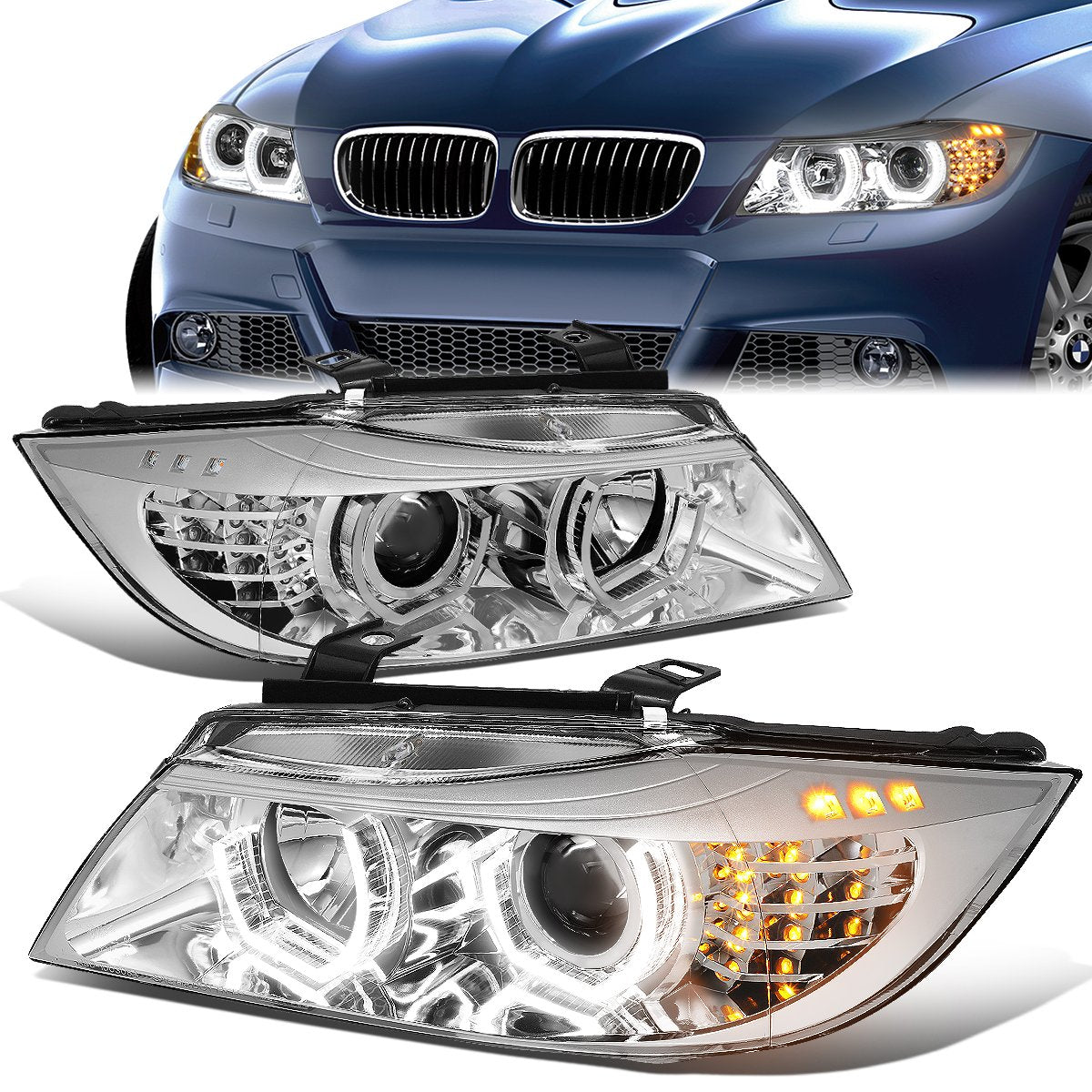 LED DRL U-Halo Projector Headlights<br>06-08 BMW 323i 328i/Xi 335Xi, 2006 325Xi 330i/Xi