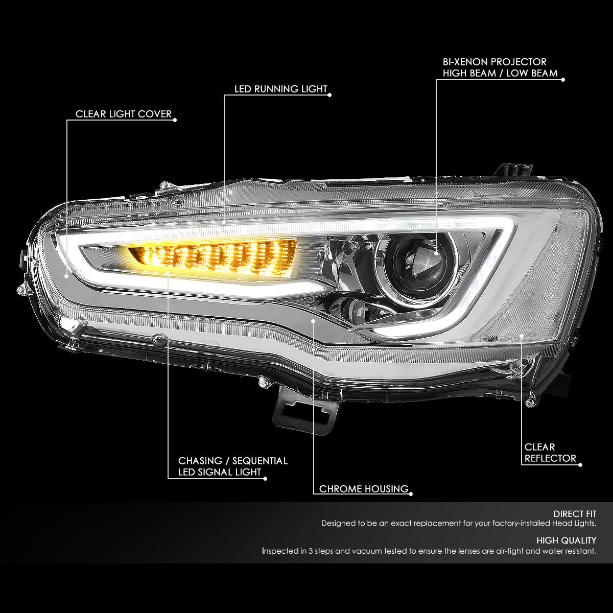 LED DRL Sequential Projector Headlights<br>08-17 Mitsubishi Lancer & EVO X