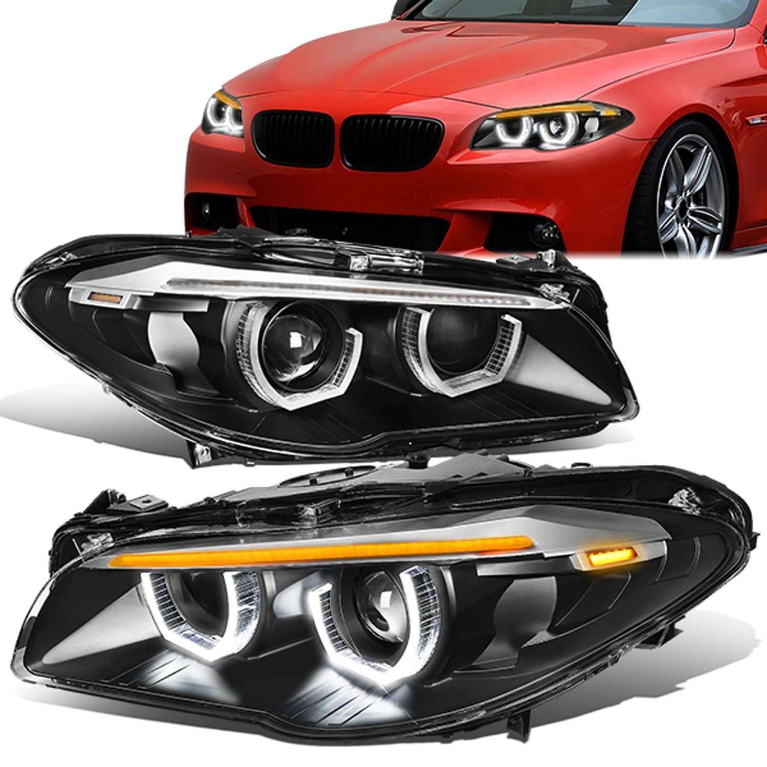 LED DRL U-Halo Sequential Projector Headlights<br>11-13 BMW 528i 535i 550i / xDrive