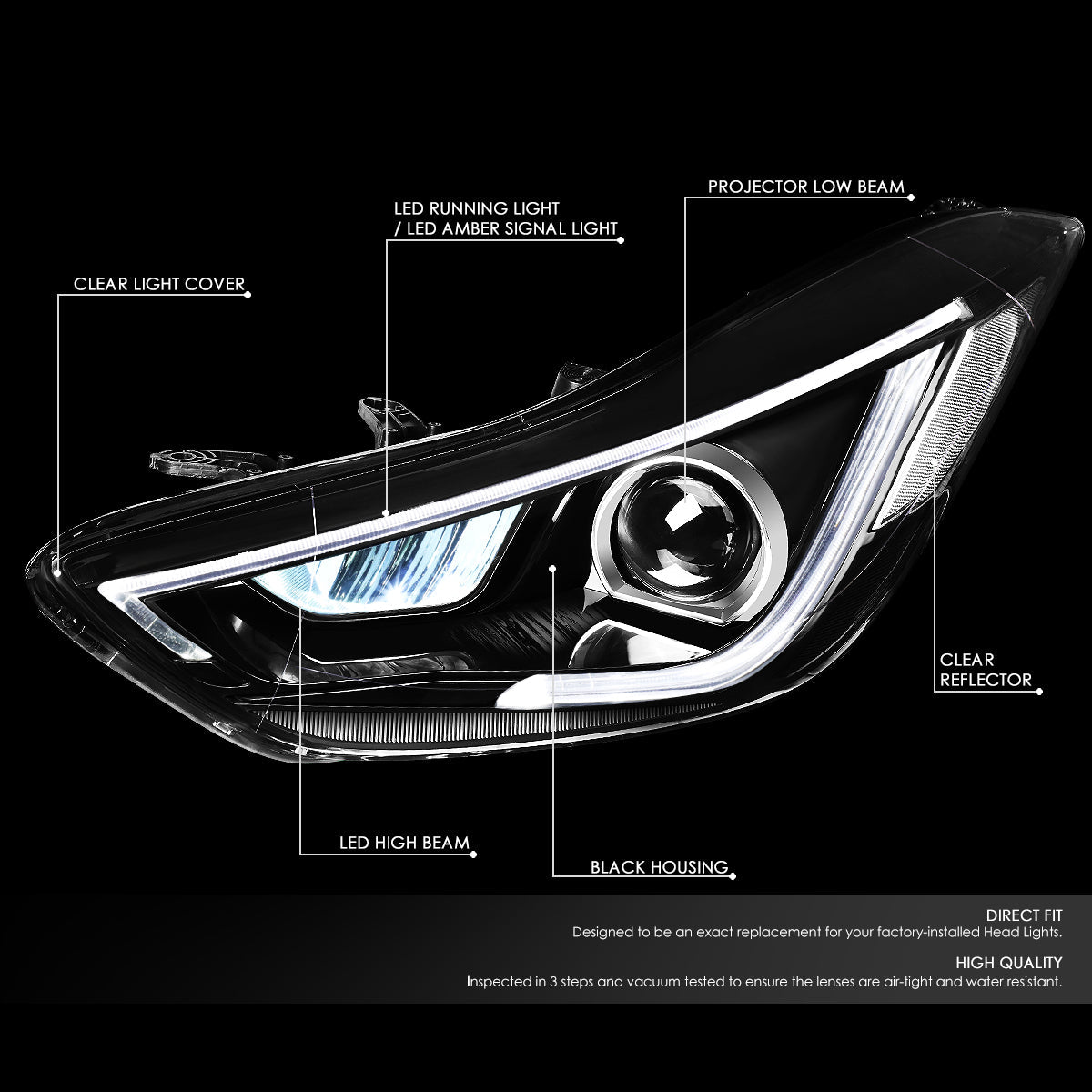 LED DRL Projector Headlights<br>11-13 Hyundai Elantra