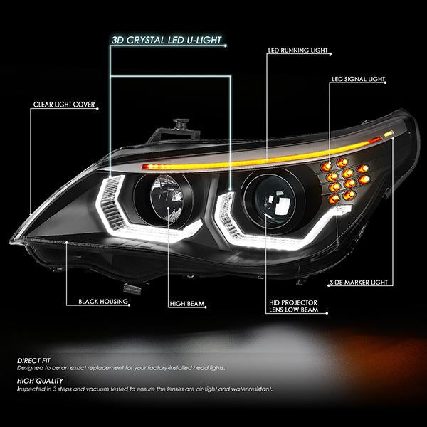 LED DRL U-Halo Projector Headlights<br>04-07 BMW 525i 530i, 06-07 525Xi 530Xi 550i