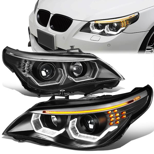 LED DRL U-Halo Projector Headlights<br>04-07 BMW 525i 530i, 06-07 525Xi 530Xi 550i