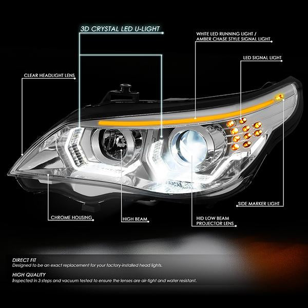 LED DRL U-Halo Sequential Projector Headlights<br>04-07 BMW 525i 530i, 06-07 525Xi 530Xi 550i