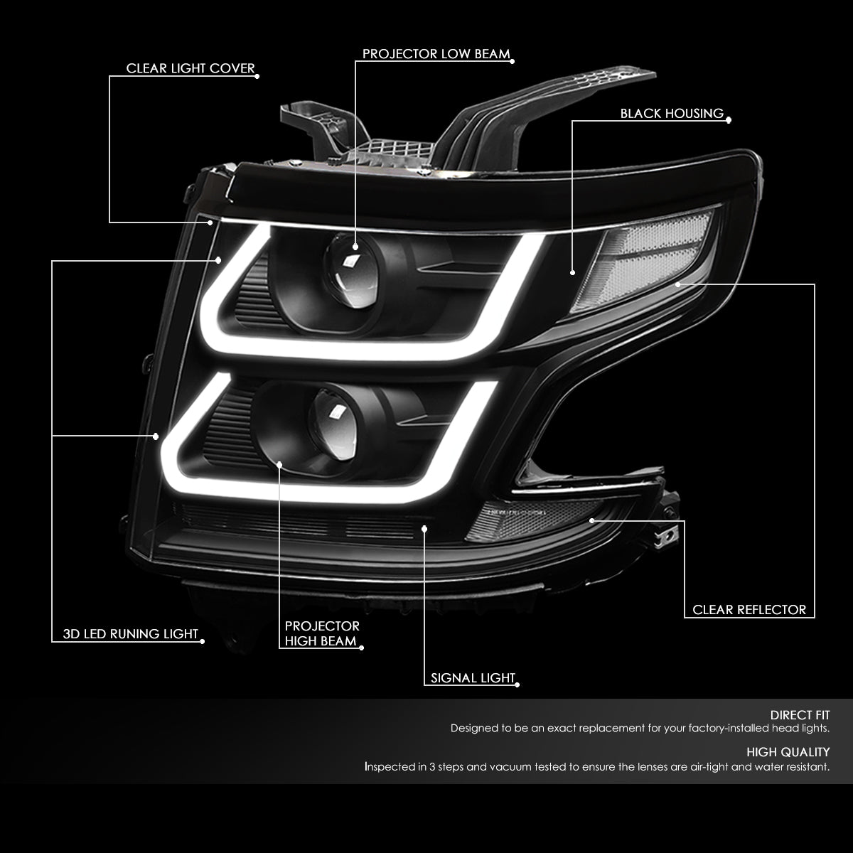 LED DRL Projector Headlights<br>15-20 Chevy Tahoe Suburban, 16-19 Suburban 3500HD