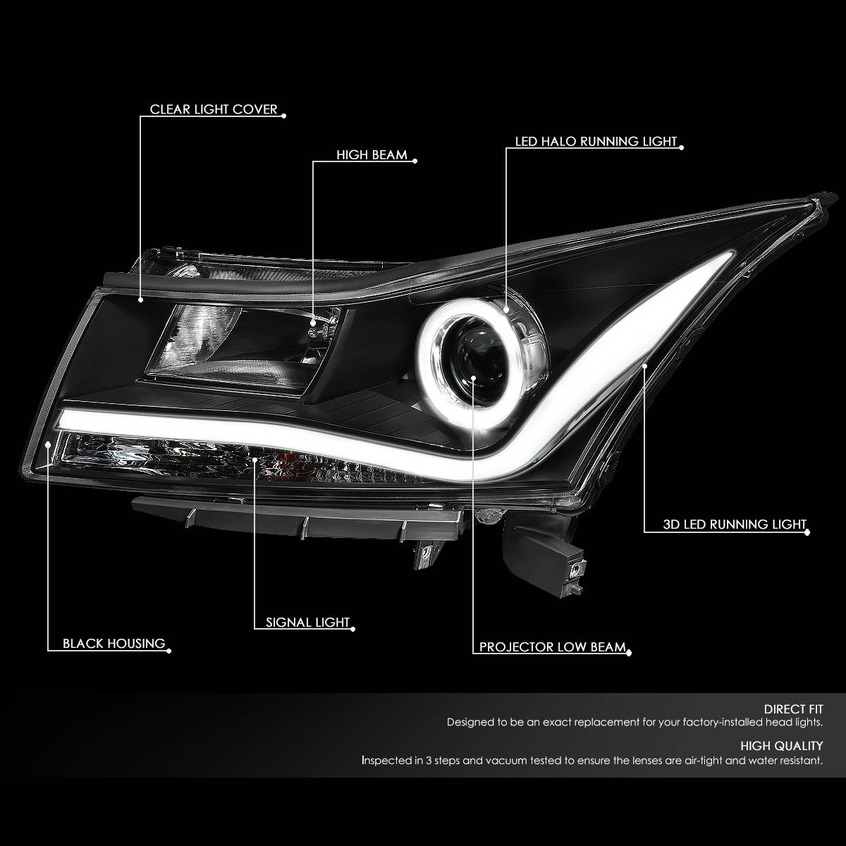 LED DRL Halo Projector Headlights<br>11-15 Chevy Cruze