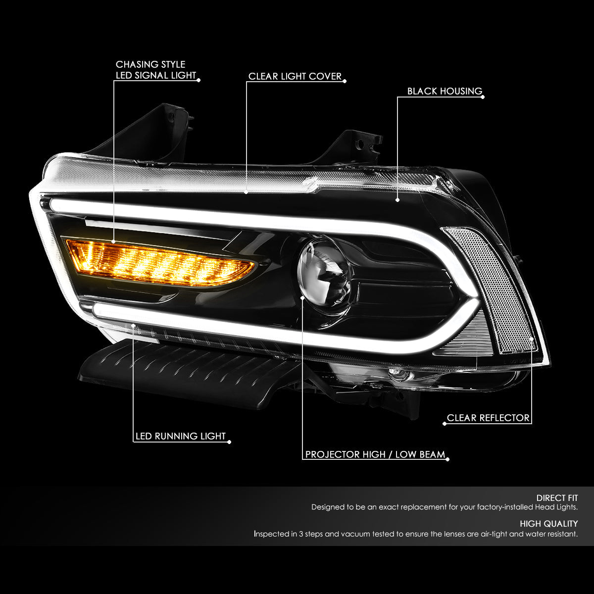 LED DRL Sequential Projector Headlights<br>11-14 Dodge Charger