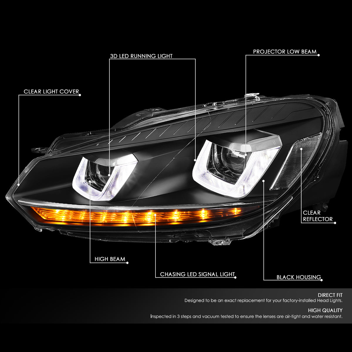 LED DRL Halo Sequential Projector Headlights<br>10-14 Volkswagen Golf GTI