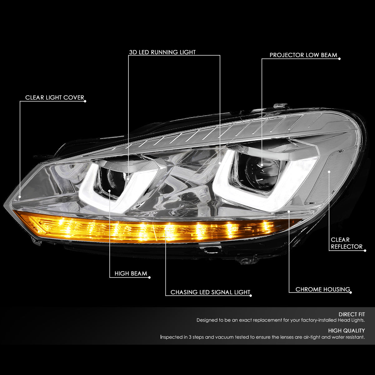 LED DRL Halo Sequential Projector Headlights<br>10-14 Volkswagen Golf GTI