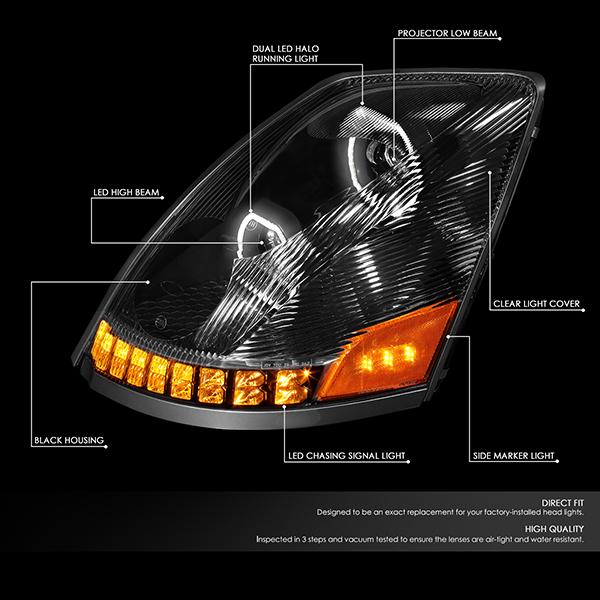 LED DRL Halo Sequential Projector Headlights<br>04-18 Volvo VN VNL 300 400 430 630 740 760 860