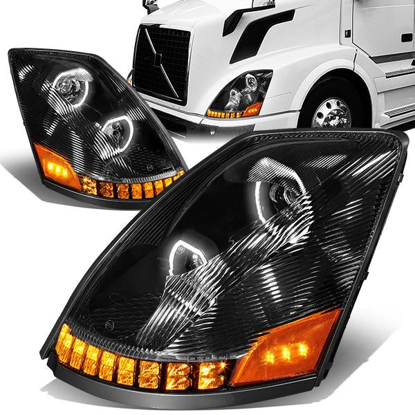 LED DRL Halo Sequential Projector Headlights<br>04-18 Volvo VN VNL 300 400 430 630 740 760 860