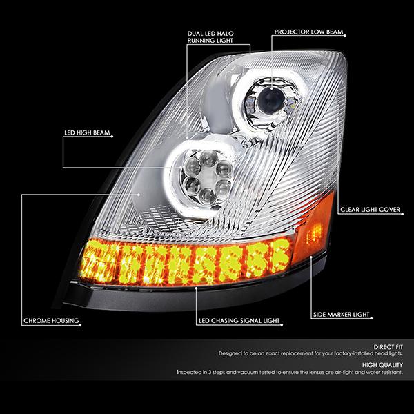 LED DRL Halo Sequential Projector Headlights<br>04-18 Volvo VN VNL 300 400 430 630 740 760 860