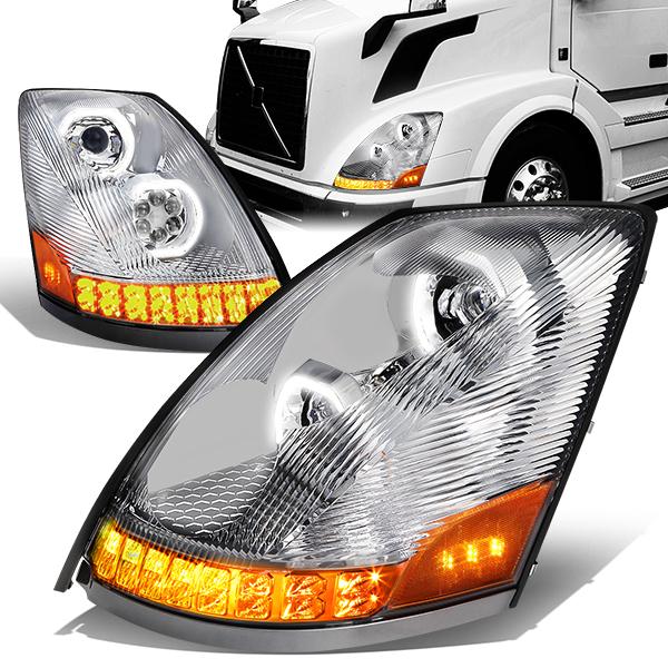 LED DRL Halo Sequential Projector Headlights<br>04-18 Volvo VN VNL 300 400 430 630 740 760 860