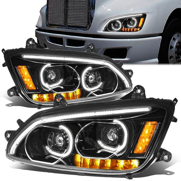 LED DRL Halo Projector Headlights<br>08-19 Kenworth T170 T270 T370 T660