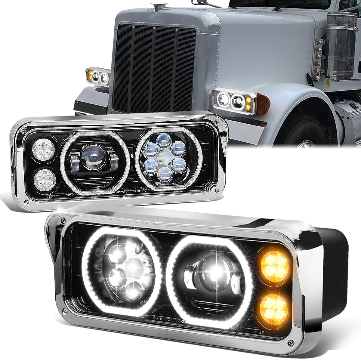 LED DRL Halo Projector Headlights<br>81-19 Kenworth W900 Western Star 4800