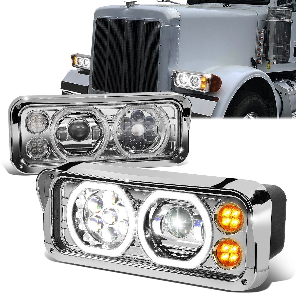 LED DRL Halo Projector Headlights<br>81-19 Kenworth W900 Western Star 4800