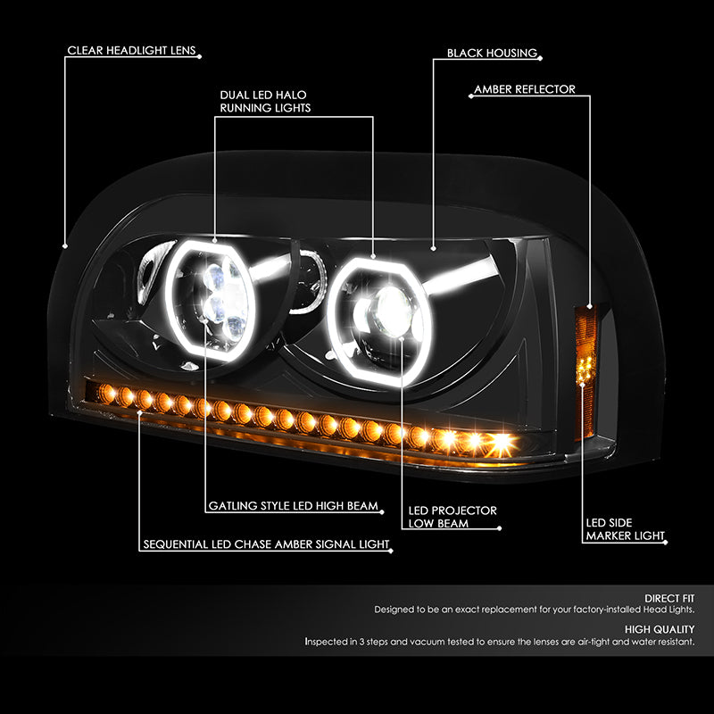 LED DRL Halo Sequential Projector Headlights<br>96-10 Freightliner Century