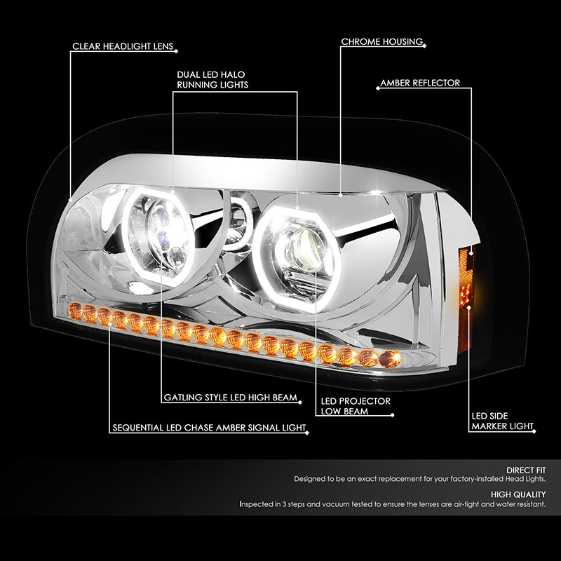 LED DRL Halo Sequential Projector Headlights<br>96-10 Freightliner Century