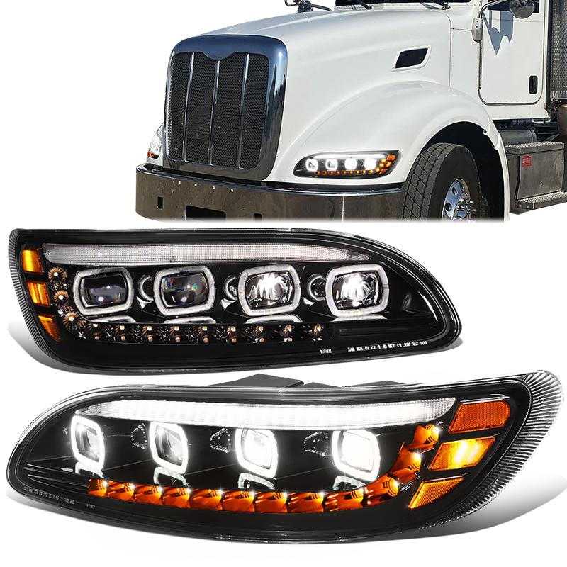 LED DRL Halo Sequential Projector Headlights<br>10-20 Peterbilt 337 348