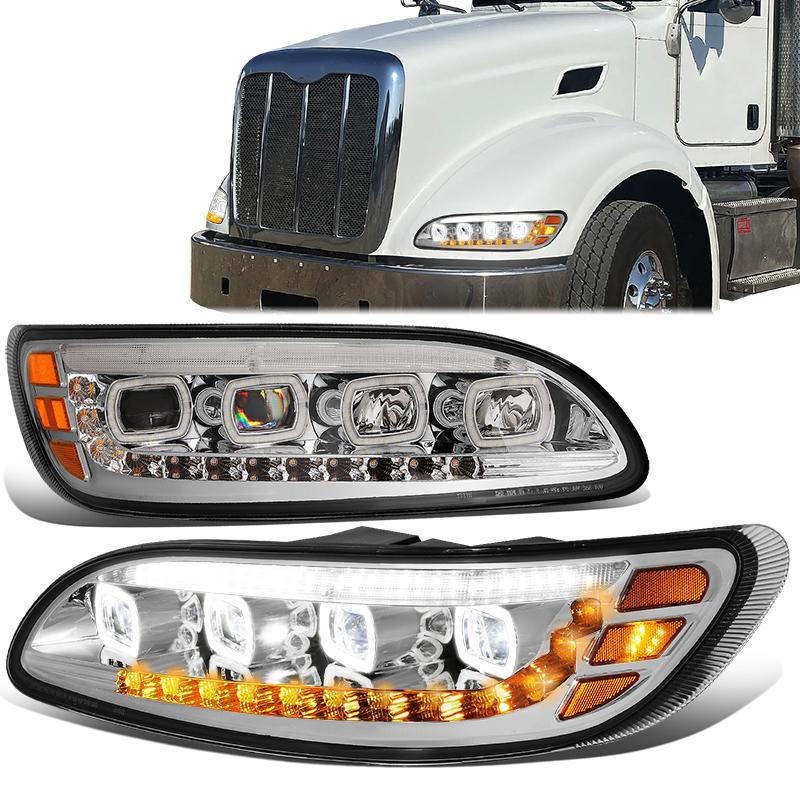 LED DRL Halo Sequential Projector Headlights<br>10-20 Peterbilt 337 348