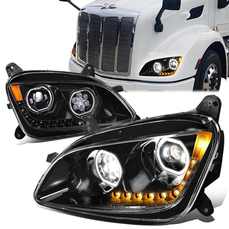 LED DRL Halo Sequential Projector Headlights<br>13-20 Peterbilt 579, 11-18 587