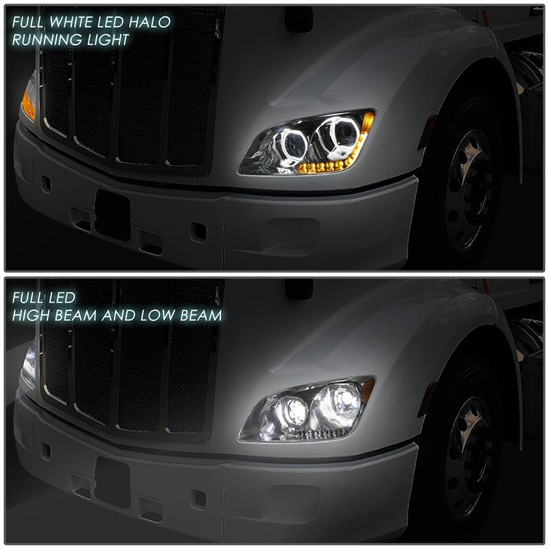 LED DRL Halo Sequential Projector Headlights<br>13-20 Peterbilt 579, 11-18 587