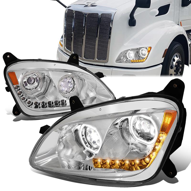 LED DRL Halo Sequential Projector Headlights<br>13-20 Peterbilt 579, 11-18 587