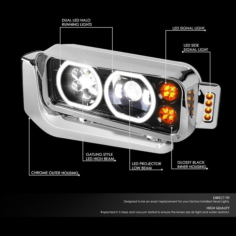 LED DRL Halo Projector Headlights<br>81-88 Peterbilt 359, 87-07 379, 08-21 389