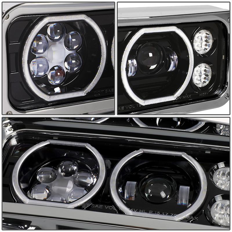 LED DRL Halo Projector Headlights<br>81-88 Peterbilt 359, 87-07 379, 08-21 389