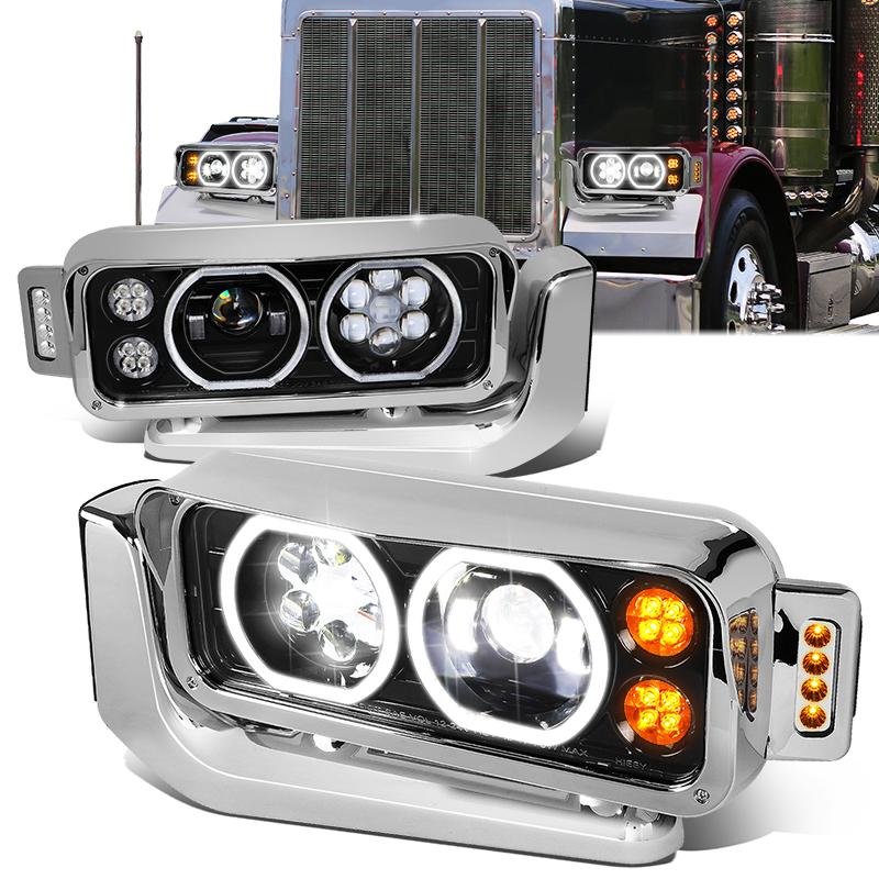 LED DRL Halo Projector Headlights<br>81-88 Peterbilt 359, 87-07 379, 08-21 389