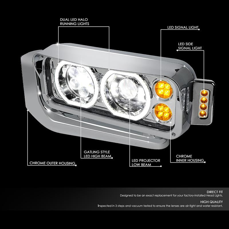 LED DRL Halo Projector Headlights<br>81-88 Peterbilt 359, 87-07 379, 08-21 389