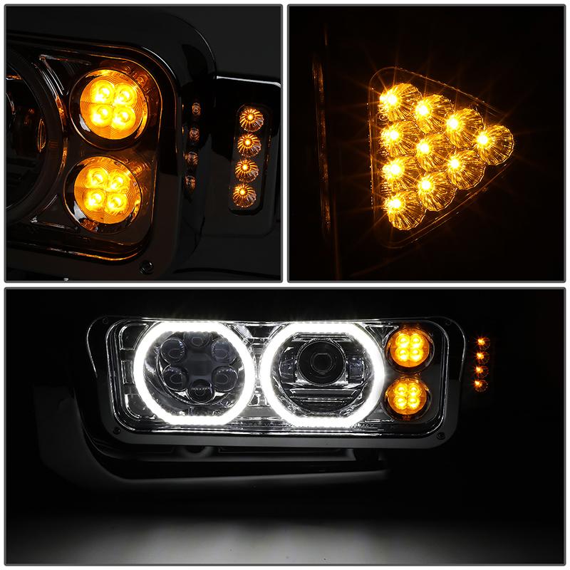 LED DRL Halo Projector Headlights<br>81-88 Peterbilt 359, 87-07 379, 08-21 389