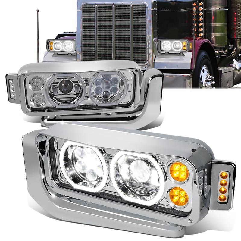 LED DRL Halo Projector Headlights<br>81-88 Peterbilt 359, 87-07 379, 08-21 389