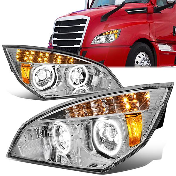 LED DRL Halo Projector Headlights<br>18-21 Freightliner Cascadia