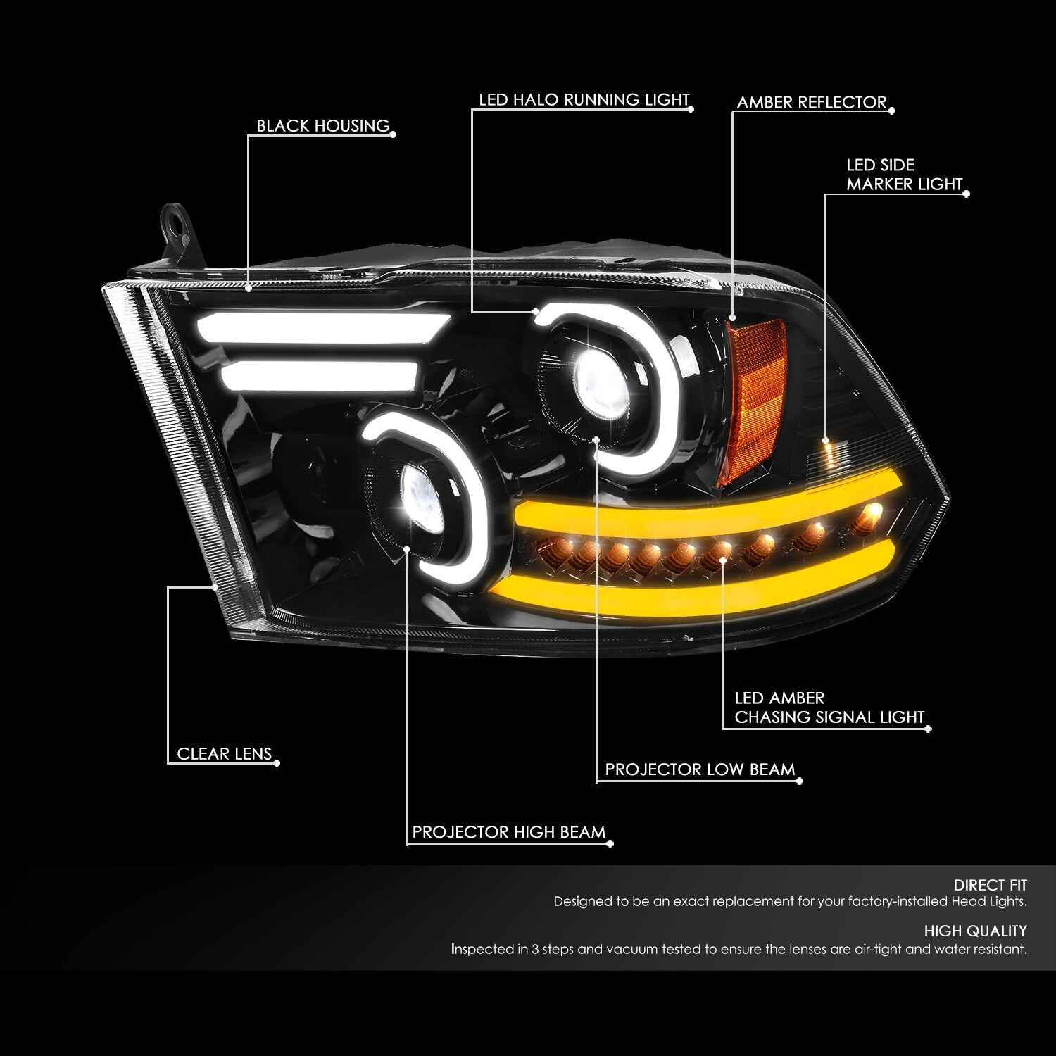 LED DRL Halo Projector Headlights<br>10-18 Ram 1500-3500, 2009 Dodge Ram 1500