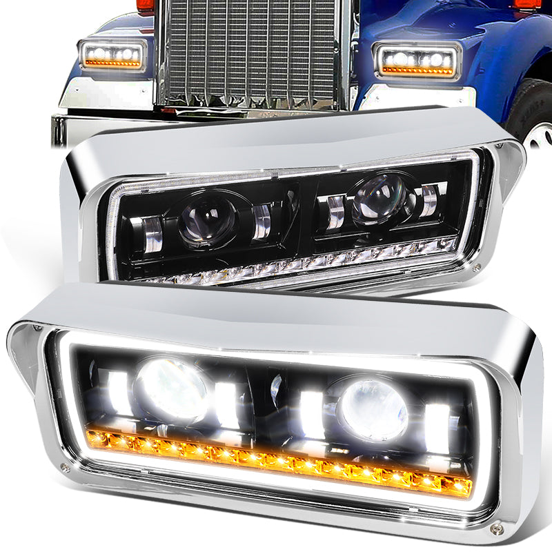 LED DRL Halo Projector Headlights<br>81-19 Kenworth W900 Western Star 4800